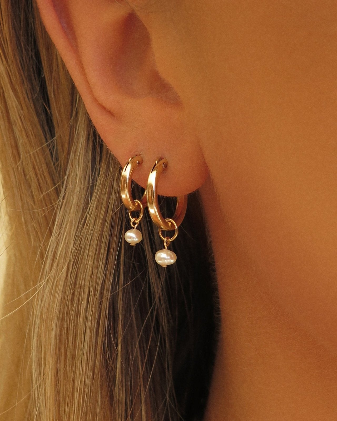 THICK FRESHWATER PEARL HOOP EARRINGS- 14k Yellow Gold - The Littl - 14k Yellow Gold Fill - 12mm