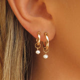 Freshwater Pearl Thick Hoop Earrings - 14k Yellow Gold Fill