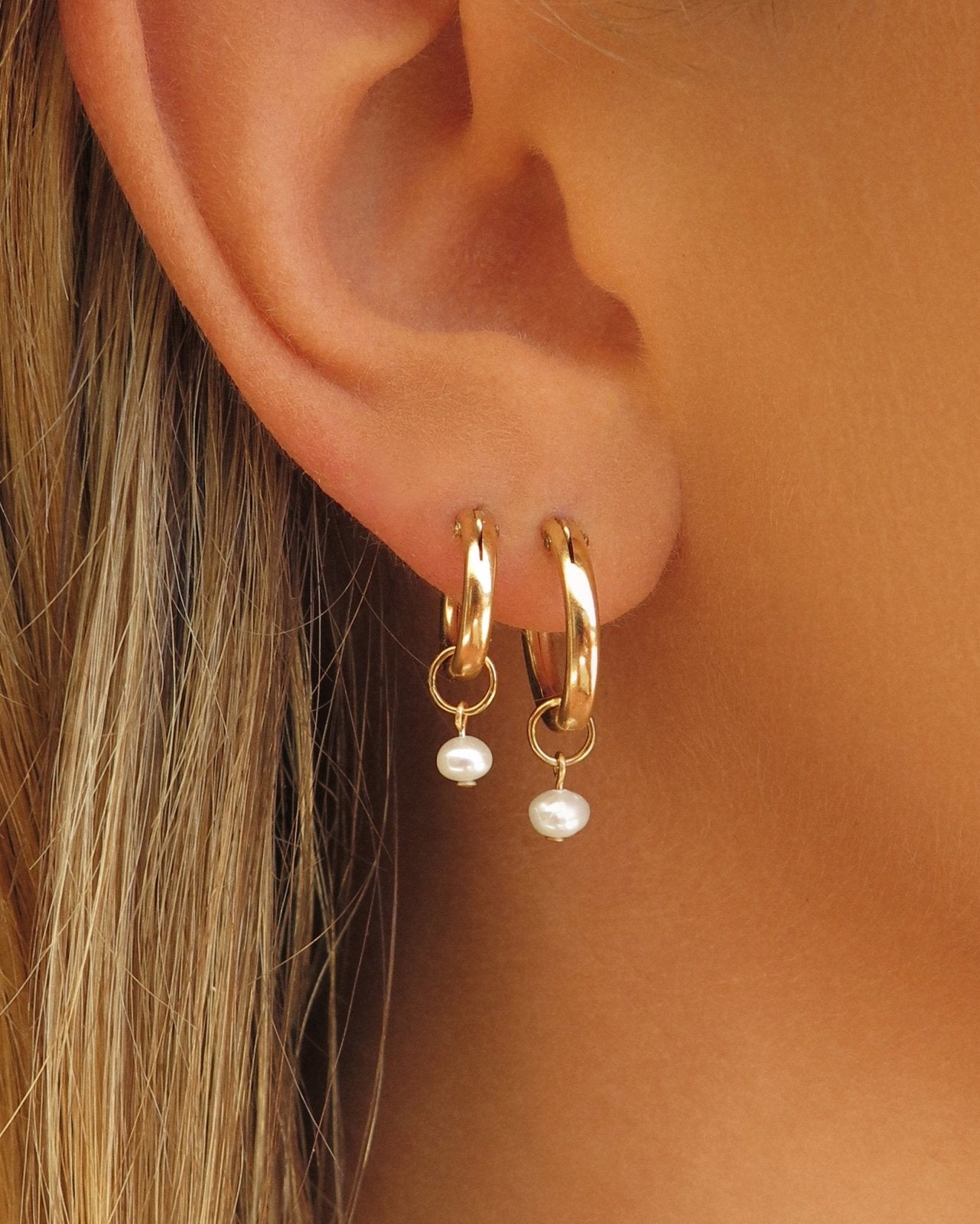 THICK FRESHWATER PEARL HOOP EARRINGS- 14k Yellow Gold - The Littl - 14k Yellow Gold Fill - 12mm | 12mm & 15mm :