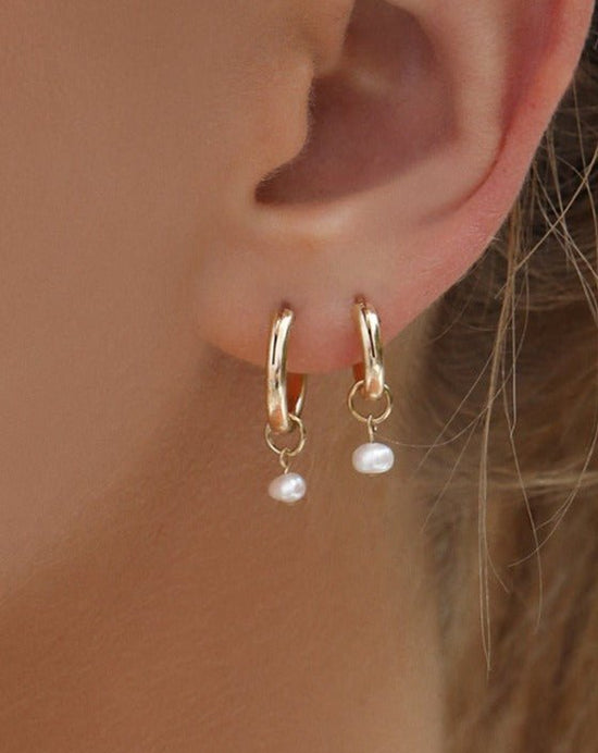 Load image into Gallery viewer, THICK FRESHWATER PEARL HOOP EARRINGS- 14k Yellow Gold - The Littl - 14k Yellow Gold Fill - 12mm | 12mm &amp;amp; 15mm :
