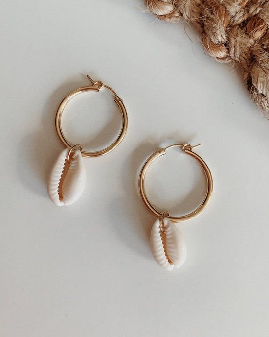 THICK HOOP COWRIE SHELL EARRINGS - The Littl - 14k Yellow Gold Fill -