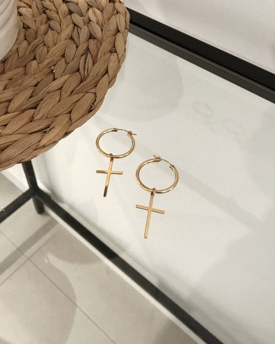 THICK HOOP CROSS EARRINGS - The Littl - 14k Yellow Gold Fill -