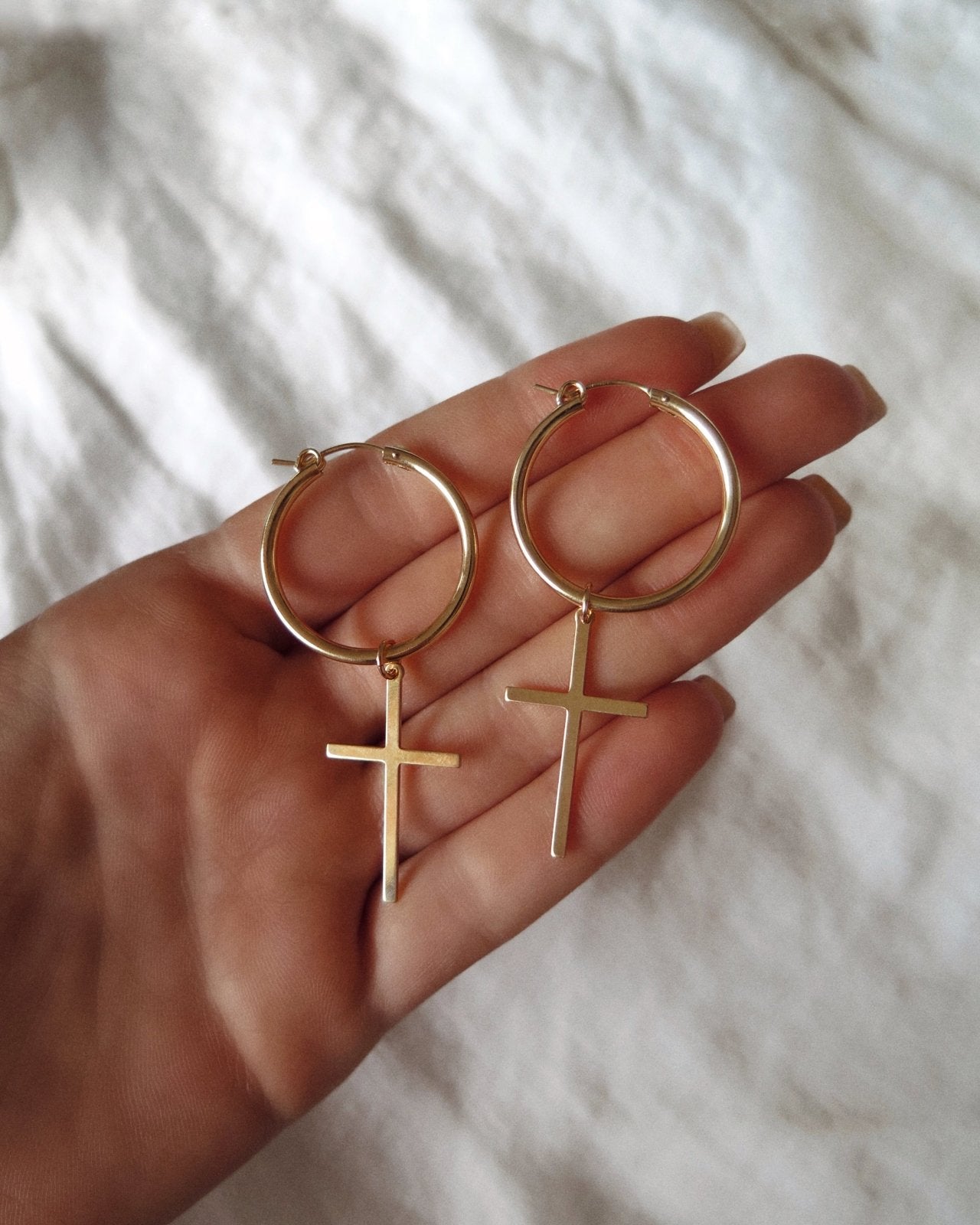 THICK HOOP CROSS EARRINGS - The Littl - 14k Yellow Gold Fill -