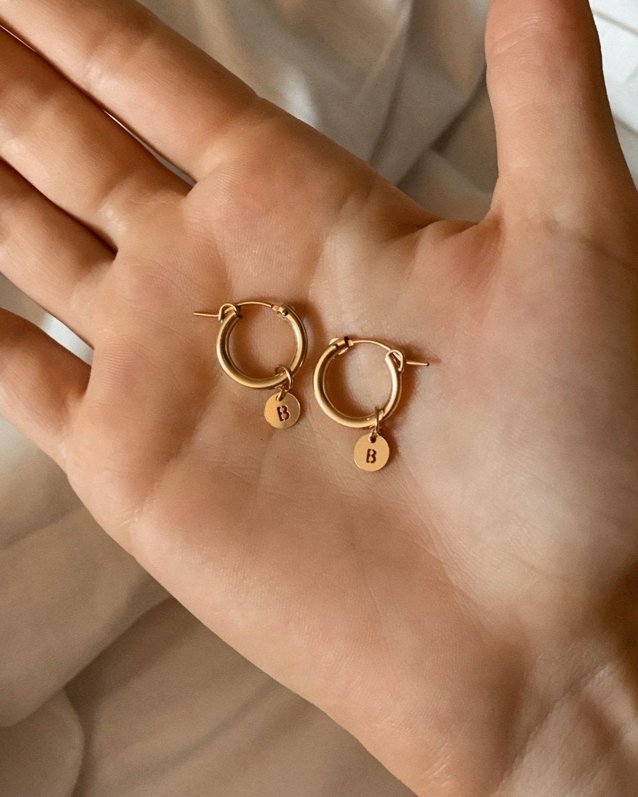 Load image into Gallery viewer, THICK LETTER HOOP EARRINGS - The Littl - 14k Yellow Gold Fill - 12mm
