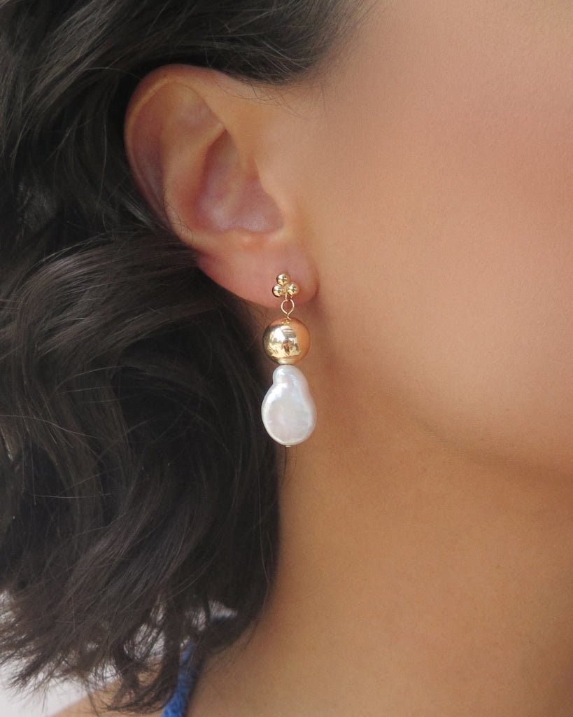 Load image into Gallery viewer, TRINITY FRESHWATER PEARL BALL EARRINGS - 14k Yellow Gold Fill - The Littl - 14k Yellow Gold Fill - Earrings
