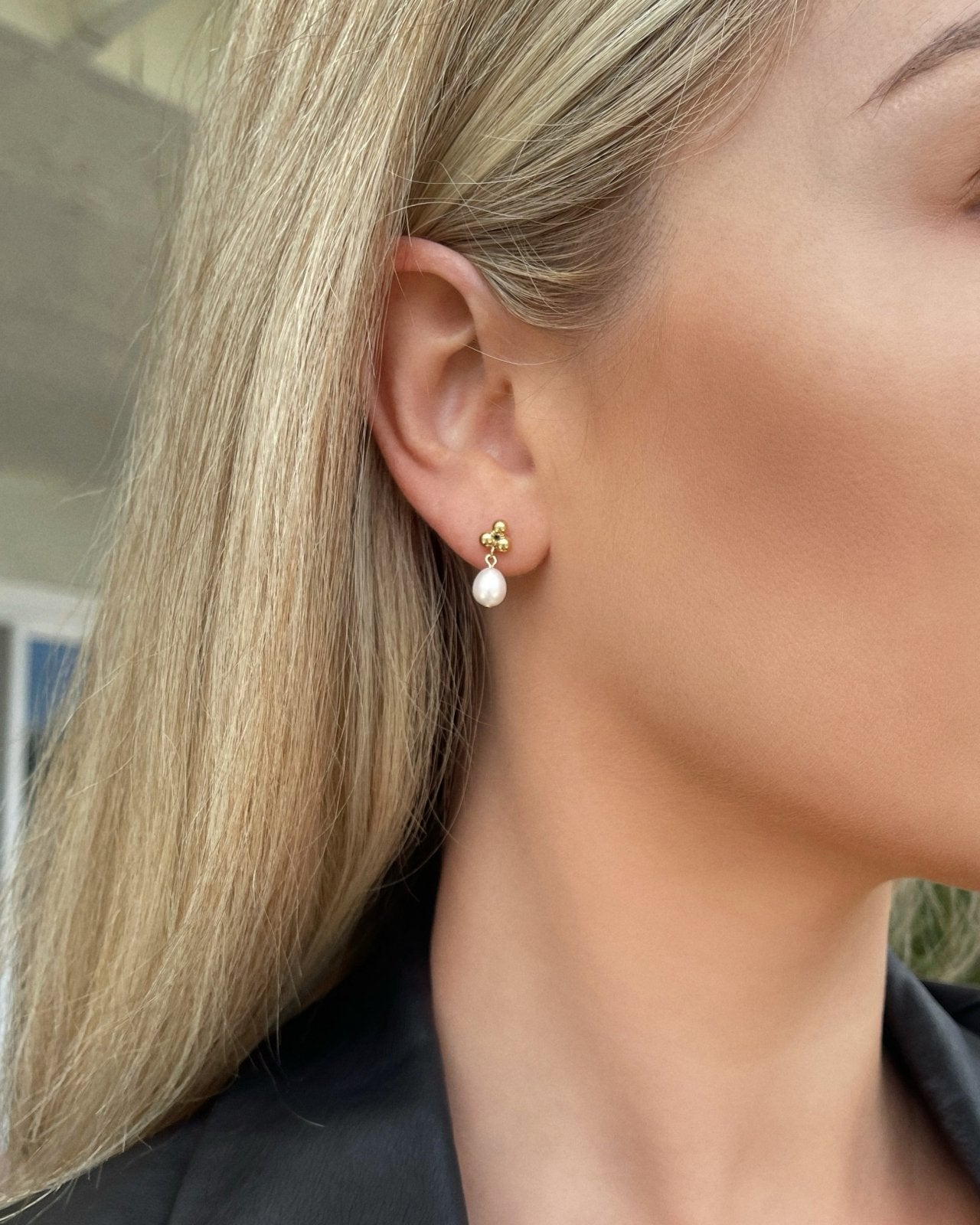 TRINITY TEARDROP FRESHWATER PEARL STUD EARRINGS - The Littl - 14k Yellow Gold Fill -