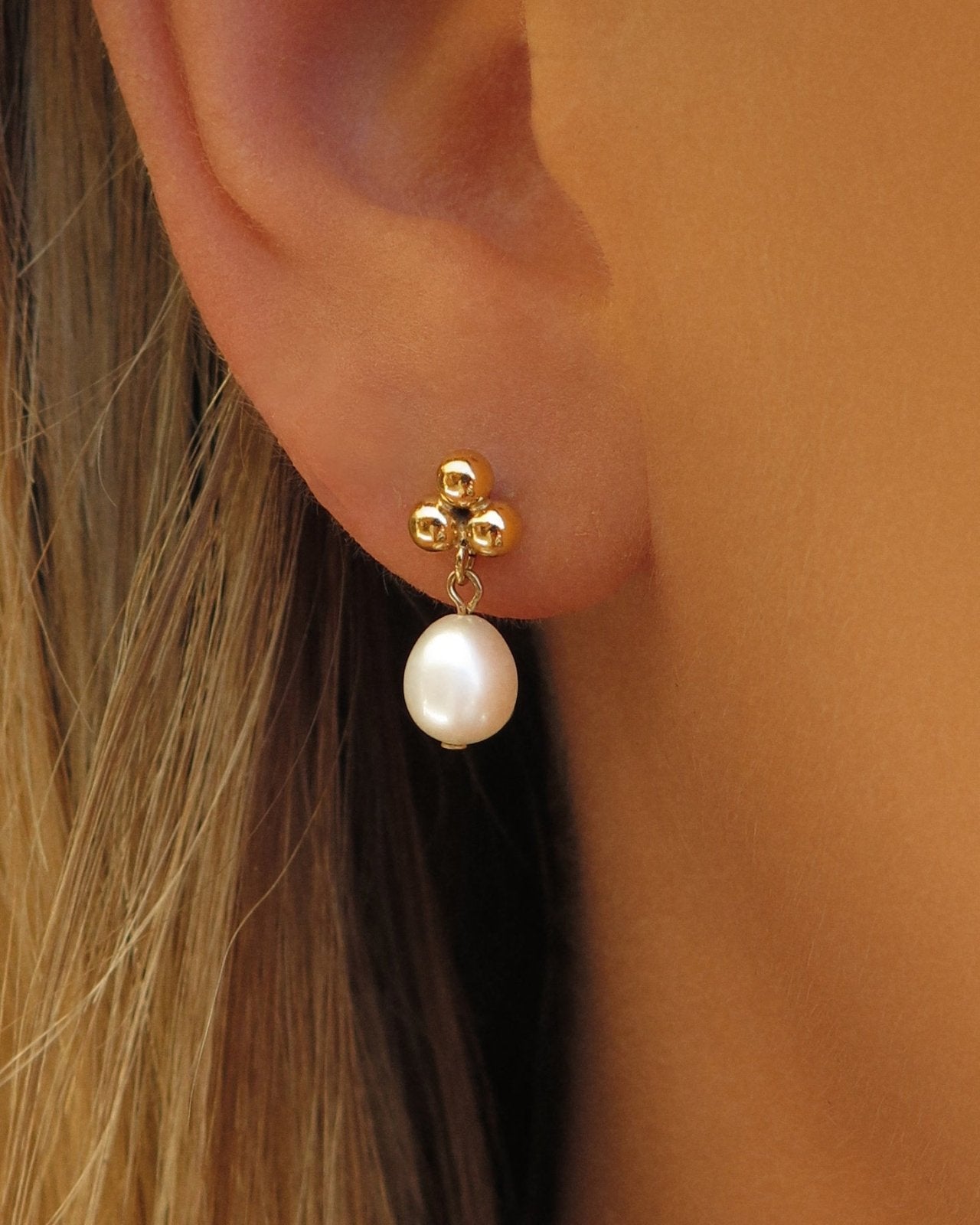 TRINITY TEARDROP FRESHWATER PEARL STUD EARRINGS - The Littl - 14k Yellow Gold Fill -