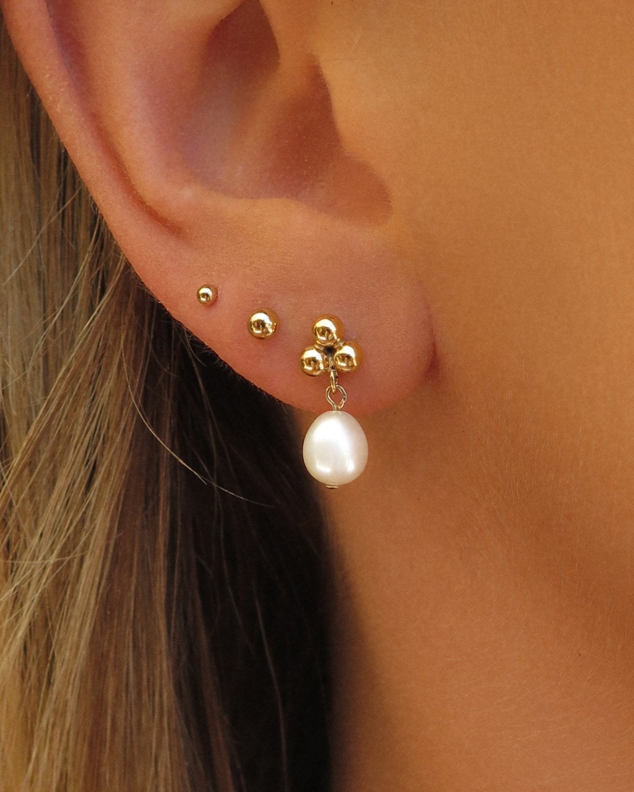 TRINITY TEARDROP FRESHWATER PEARL STUD EARRINGS - The Littl - 14k Yellow Gold Fill -