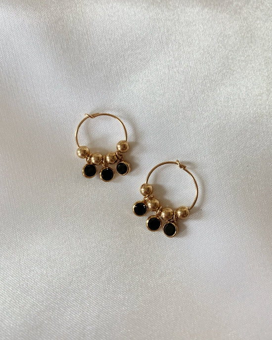 TRIPLE BLACK CZ HOOP EARRINGS- 14k Yellow Gold - The Littl - -