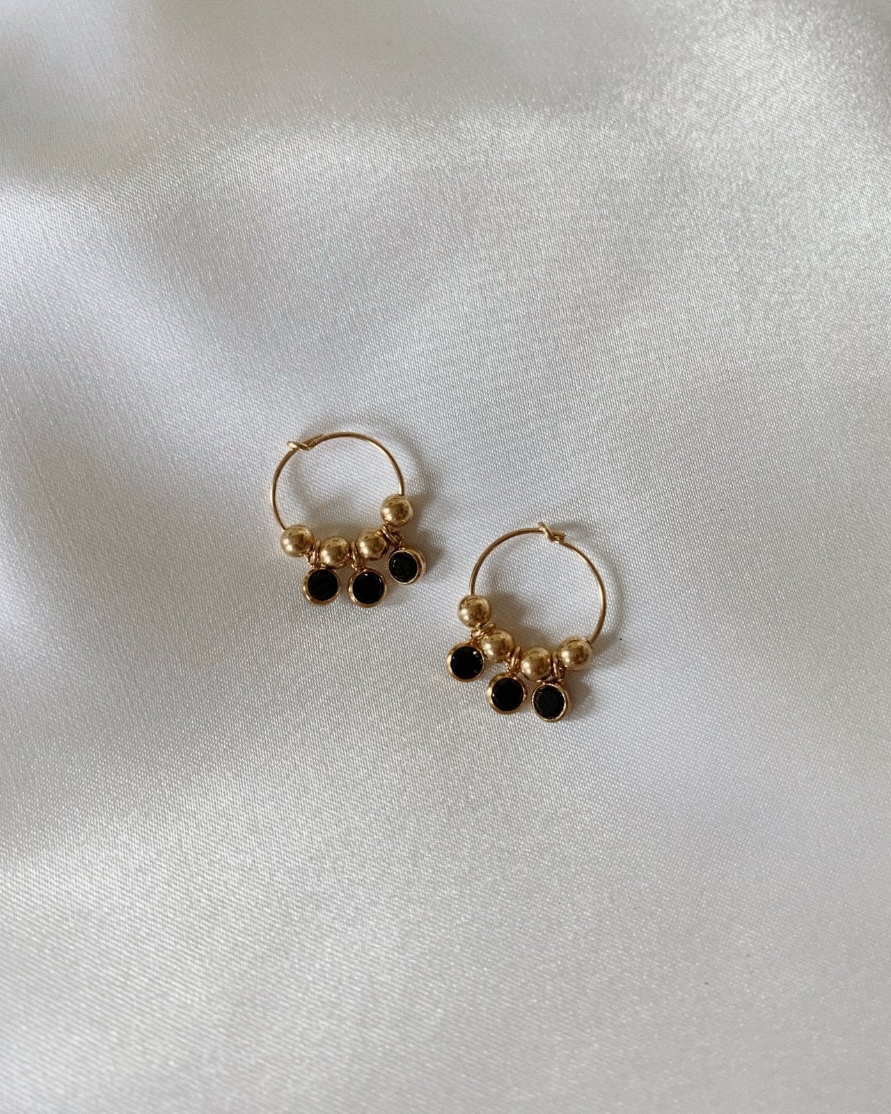 TRIPLE BLACK CZ HOOP EARRINGS- 14k Yellow Gold - The Littl - -