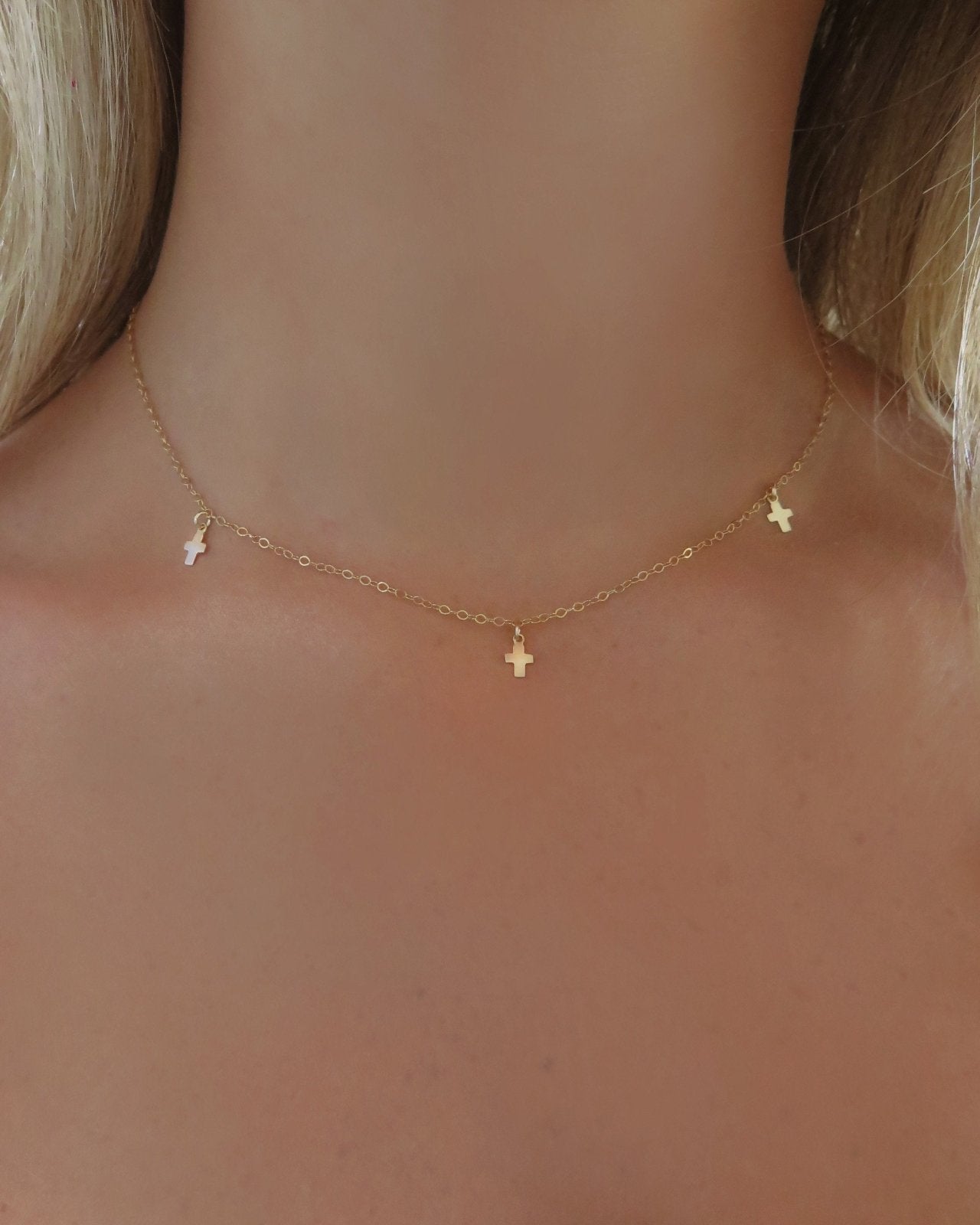 TRIPLE CROSS NECKLACE - The Littl - 14k Yellow Gold Fill - Deluxe Chain