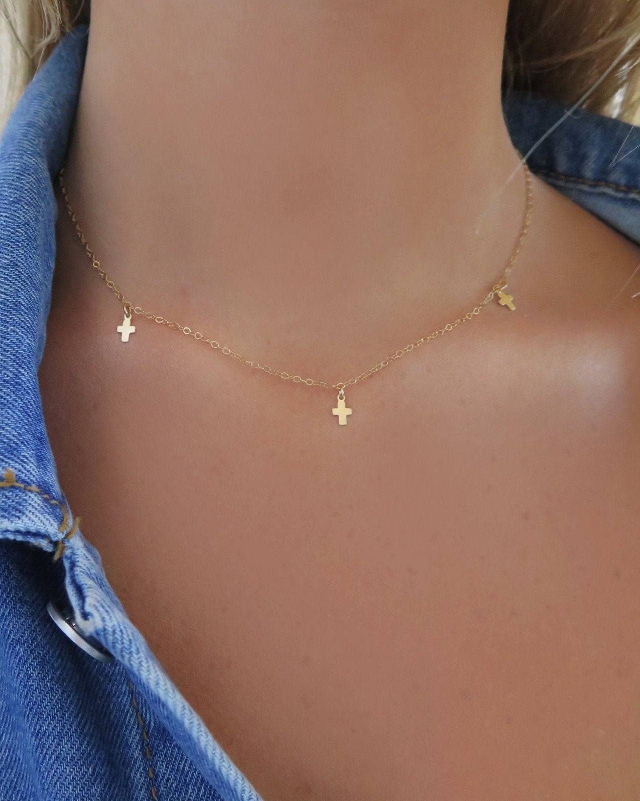 TRIPLE CROSS NECKLACE - The Littl - 14k Yellow Gold Fill - Deluxe Chain