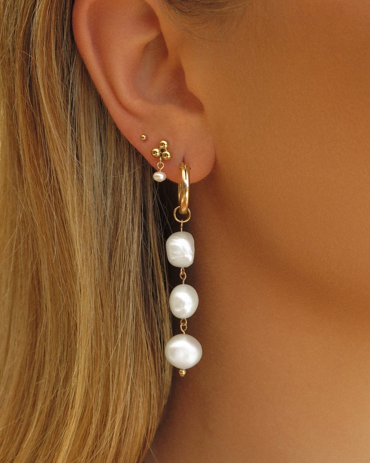 TRIPLE FRESHWATER PEARL DROP HOOP EARRINGS- 14k Yellow Gold - The Littl - -