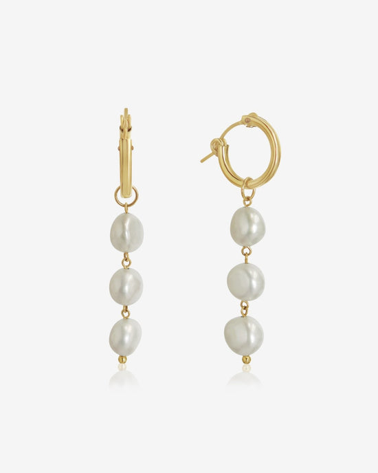 TRIPLE FRESHWATER PEARL DROP HOOP EARRINGS - 14k Yellow Gold Fill - The Littl - Earrings