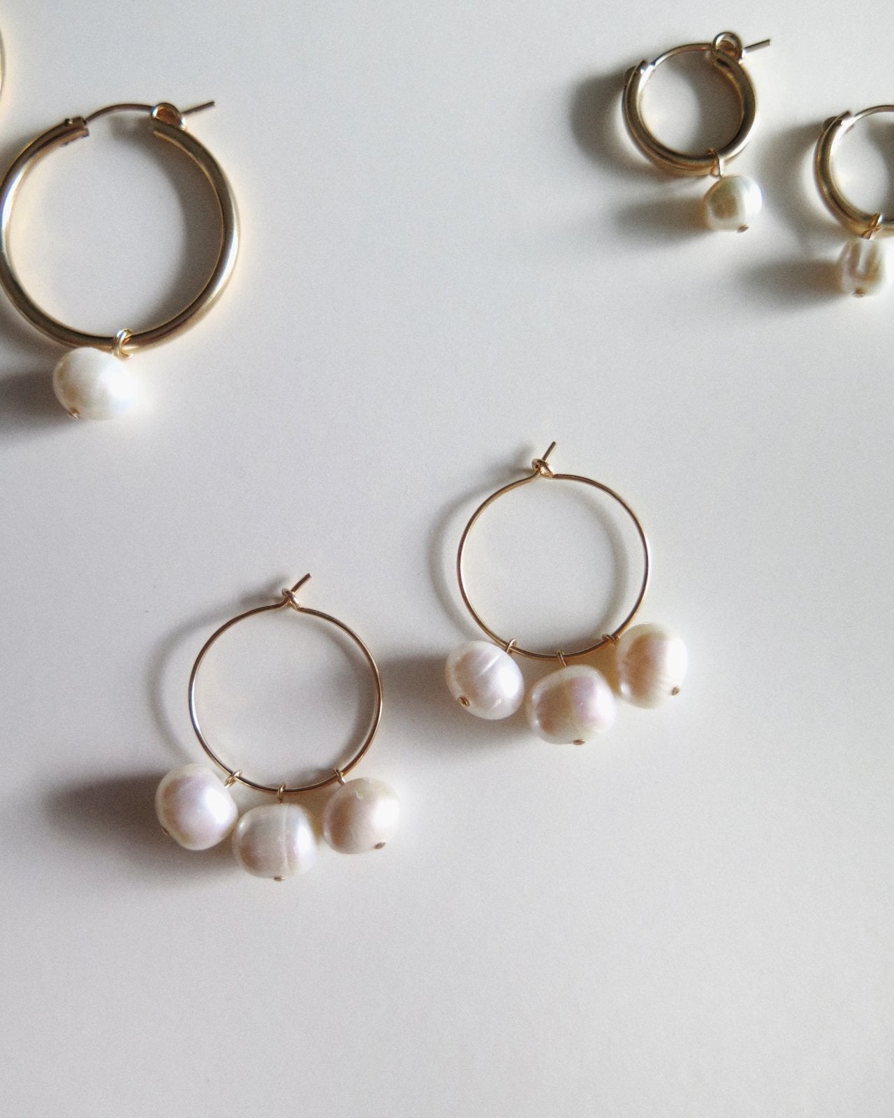 Load image into Gallery viewer, TRIPLE FRESHWATER PEARL EARRINGS - The Littl - 14k Yellow Gold Fill - 15mm
