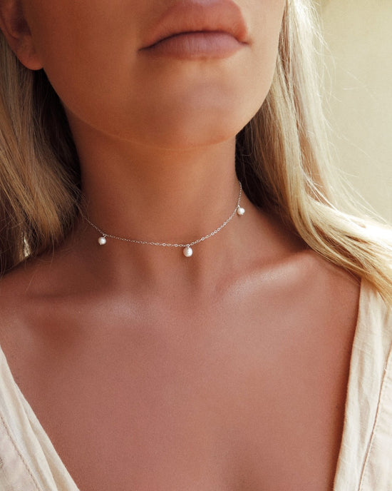 Load image into Gallery viewer, TRIPLE FRESHWATER PEARL NECKLACE- Sterling Silver - The Littl - Deluxe Chain - 37cm (choker)
