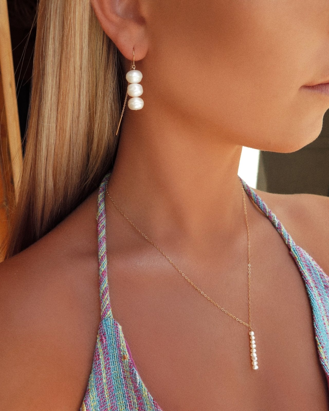 TRIPLE FRESHWATER PEARL STACK U-THREADER EARRINGS - The Littl - 14k Yellow Gold Fill -