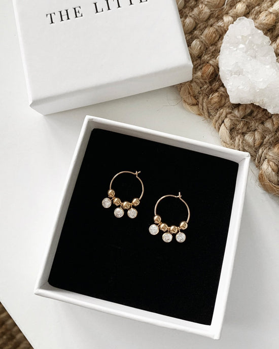 TRIPLE WHITE CZ HOOP EARRINGS- 14k Yellow Gold - The Littl - -