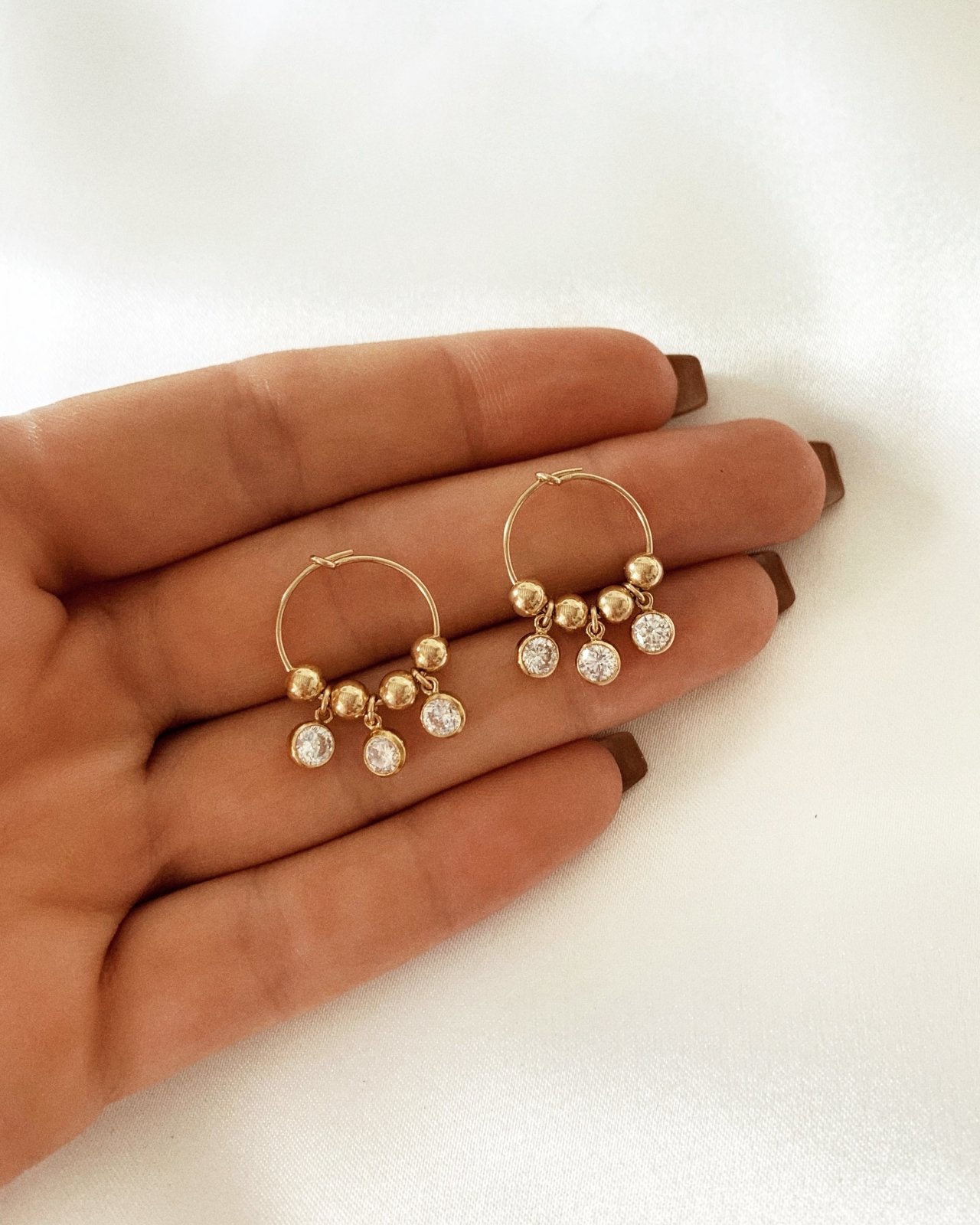 TRIPLE WHITE CZ HOOP EARRINGS- 14k Yellow Gold - The Littl - -