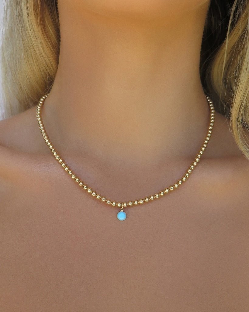 TURQUOISE BEADED NECKLACE- 14k Yellow Gold - The Littl - 37cm -