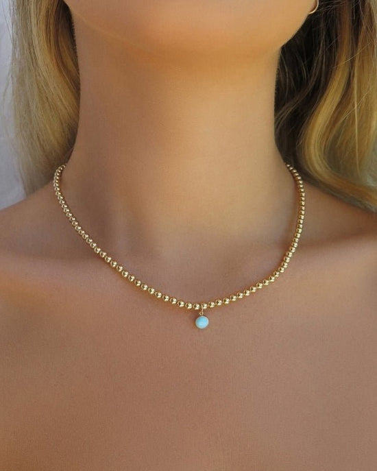 TURQUOISE BEADED NECKLACE- 14k Yellow Gold - The Littl - 37cm - Necklaces