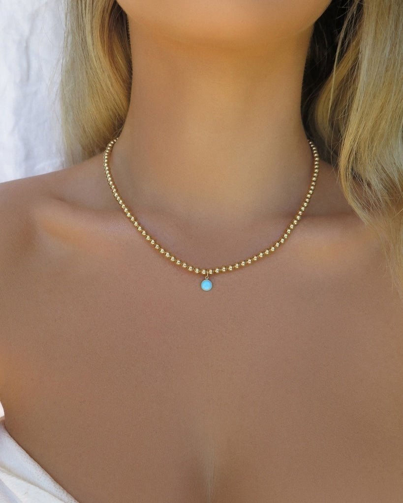 TURQUOISE BEADED NECKLACE- 14k Yellow Gold - The Littl - 37cm -
