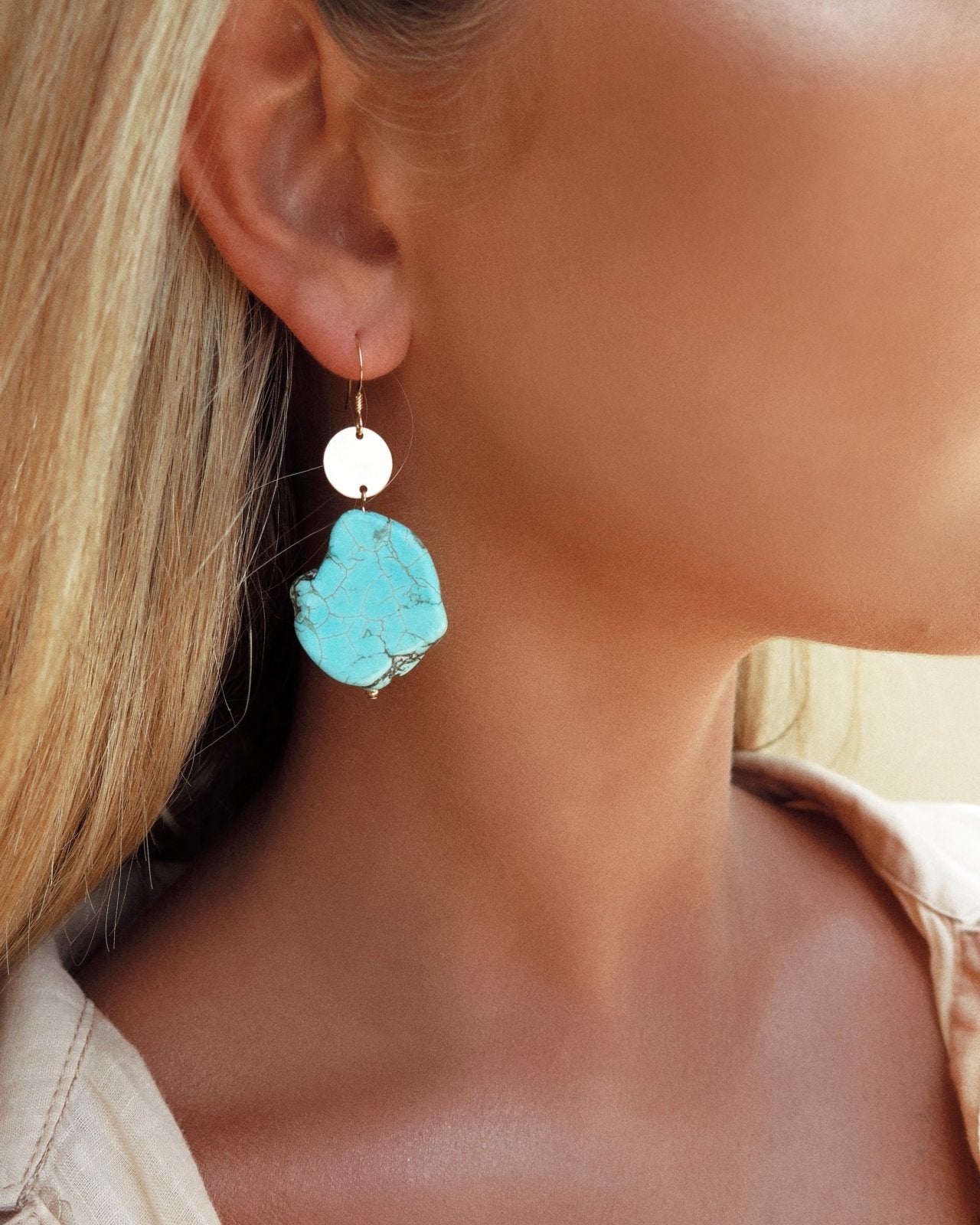 TURQUOISE COIN EARRINGS- 14k Gold - The Littl - 14k Yellow Gold Fill -