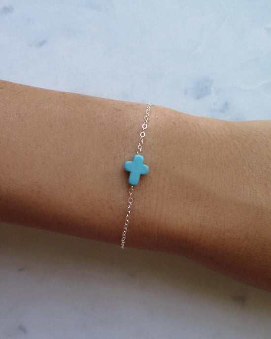 Load image into Gallery viewer, TURQUOISE CROSS BRACELET - The Littl - 14k Yellow Gold Fill - Deluxe Chain
