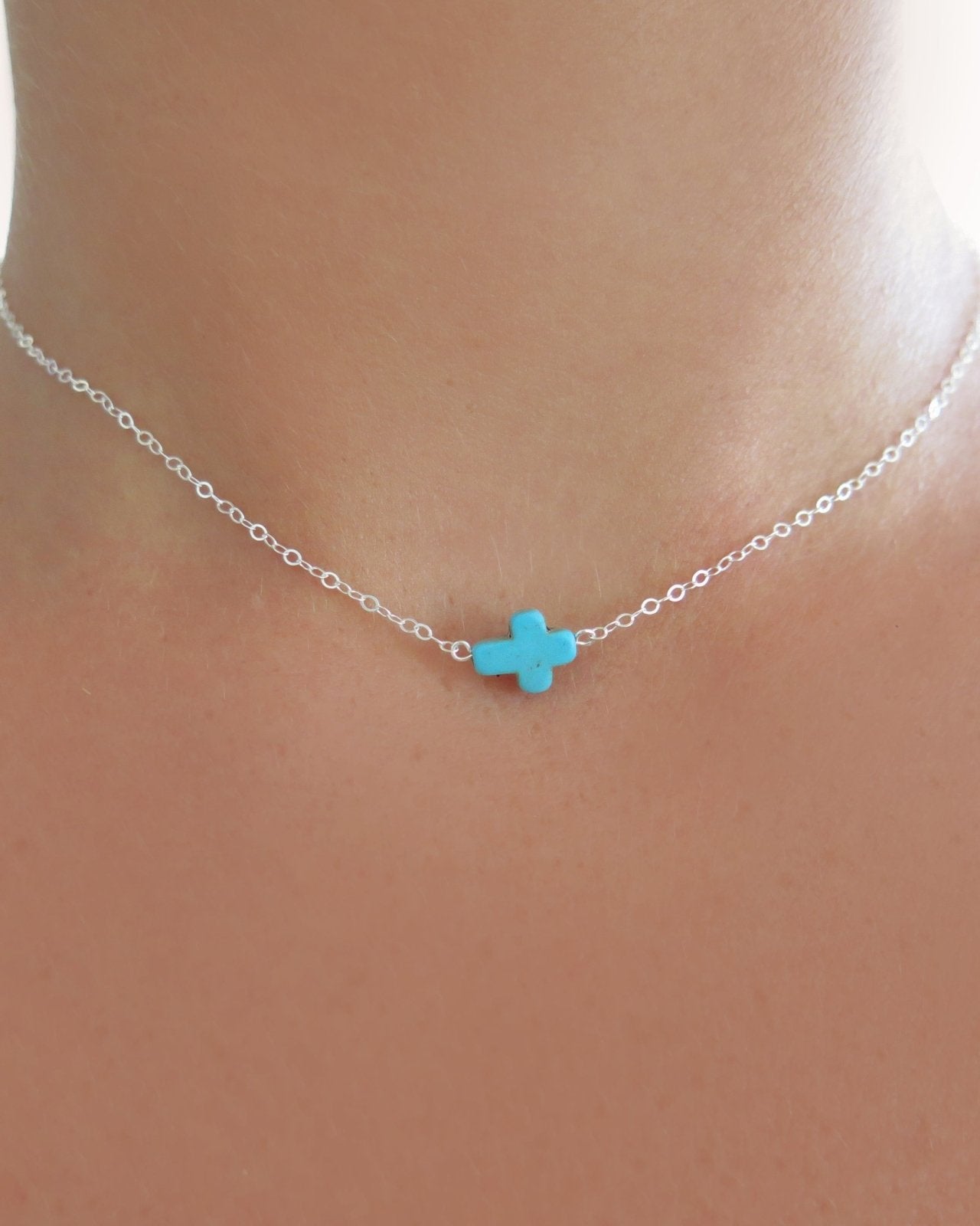 TURQUOISE CROSS CHOKER - The Littl - 14k Yellow Gold Fill - Deluxe Chain
