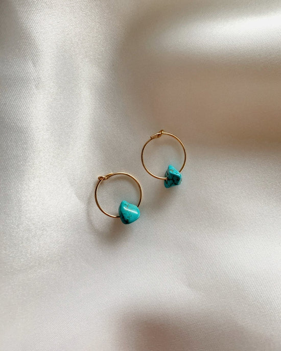 Load image into Gallery viewer, TURQUOISE HOOP EARRINGS- 14k Gold - The Littl - 14k Yellow Gold Fill -
