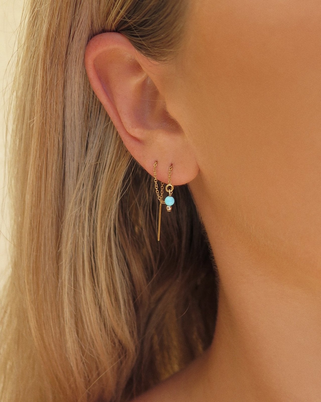 Load image into Gallery viewer, TURQUOISE THREADER EARRINGS - The Littl - 14k Yellow Gold Fill -
