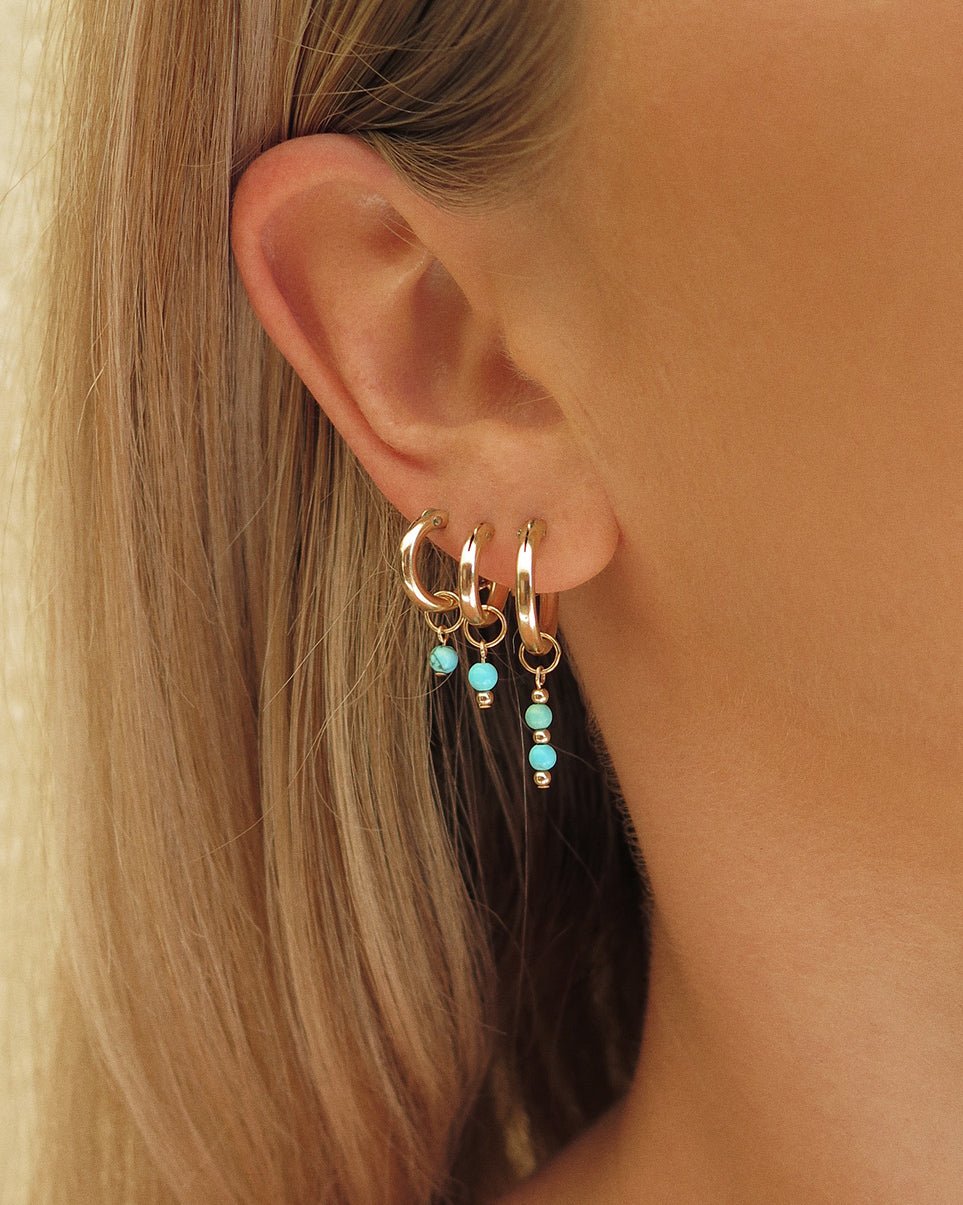 Load image into Gallery viewer, TURQUOISE TRIPLE THICK HOOP EARRINGS SET - The Littl - 14k Yellow Gold Fill - All pairs in 12mm
