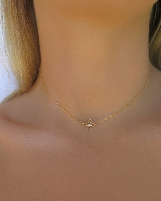 WHITE CZ FLOWER NECKLACE- 14k Yellow Gold Fill - The Littl - Deluxe Chain - 39cm Necklaces