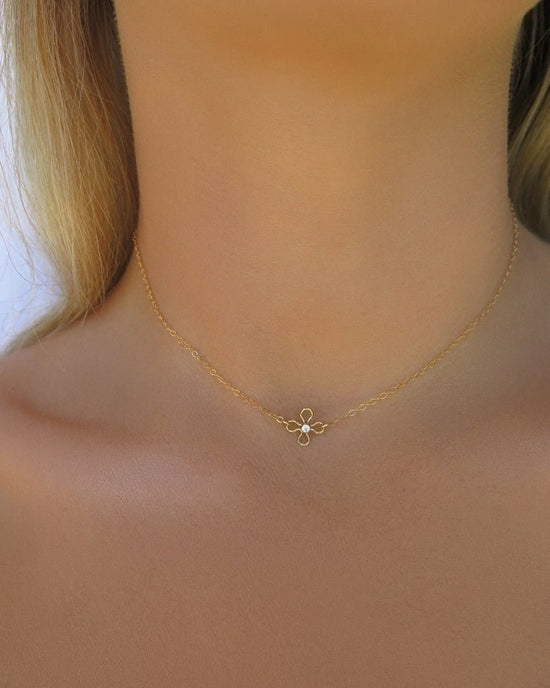 Load image into Gallery viewer, WHITE CZ FLOWER NECKLACE- 14k Yellow Gold Fill - The Littl - Deluxe Chain - 39cm Necklaces
