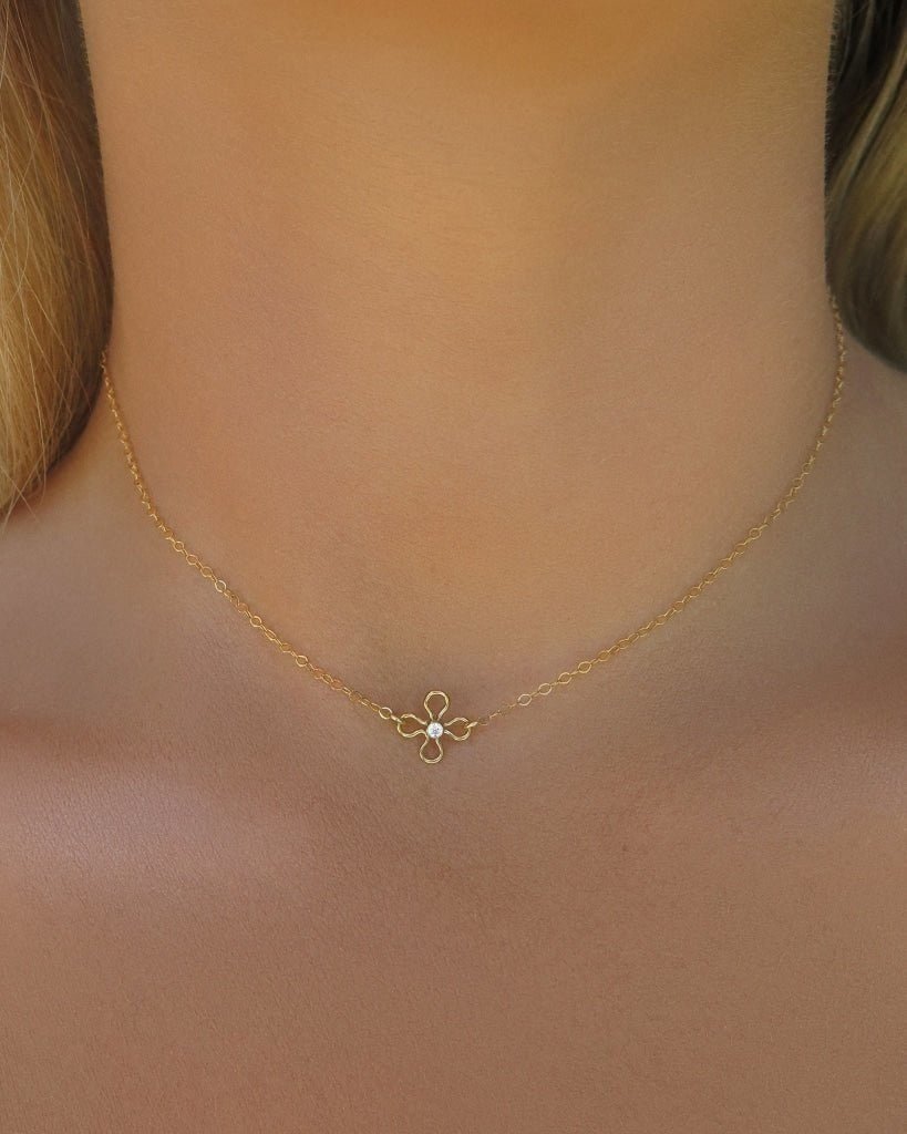 WHITE CZ FLOWER NECKLACE- 14k Yellow Gold Fill - The Littl - Deluxe Chain - 39cm Necklaces