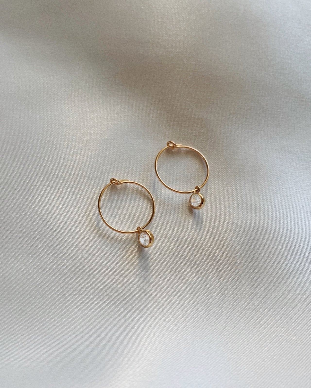 Load image into Gallery viewer, WHITE CZ HOOP EARRINGS- 14k Yellow Gold - The Littl - -
